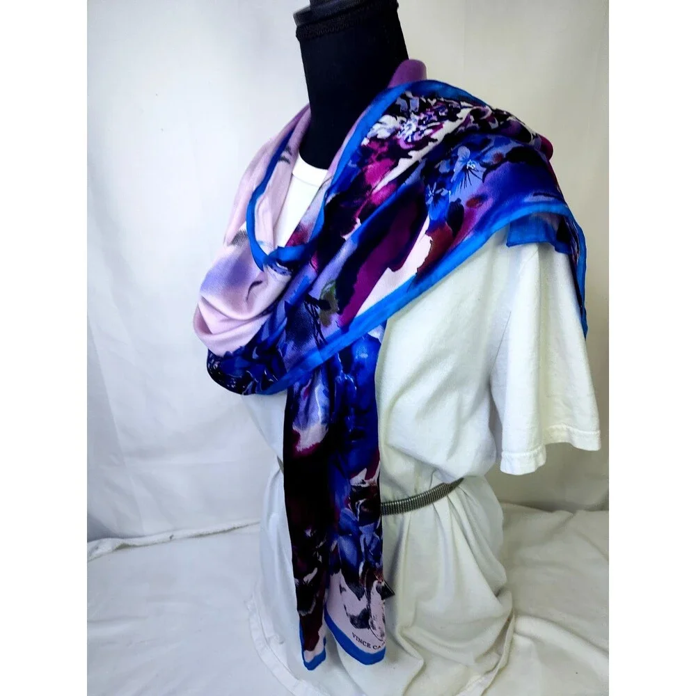 Silk Vince Camuto Watercolor Floral Scarf Wrap Blues White Rectangle 76 X 28 In